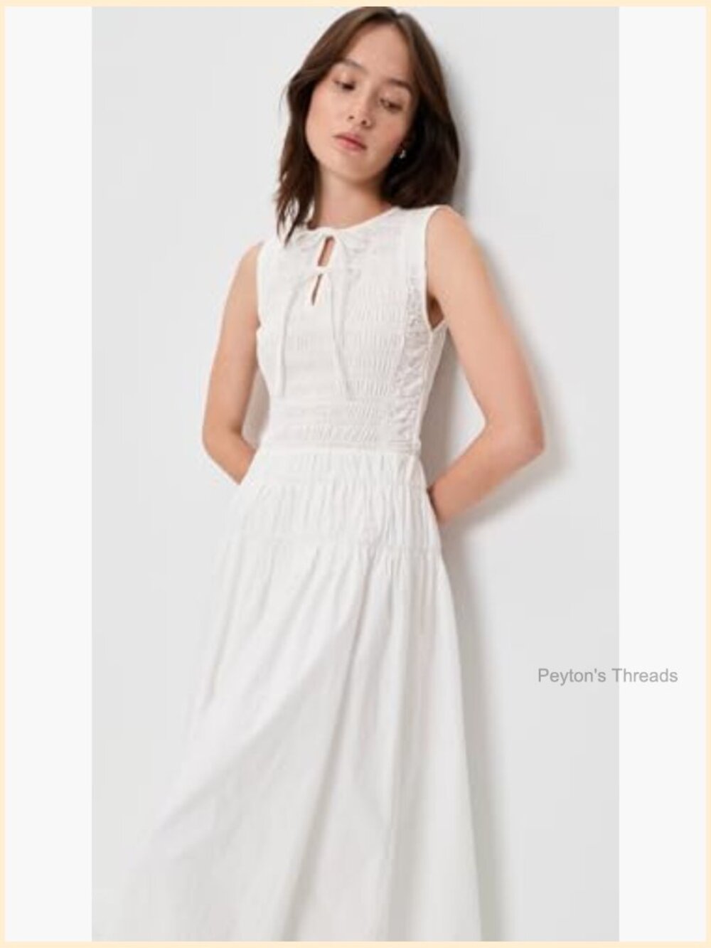 Smocked Elastic Bodice Midi Dress - Lightweight Cotton Blend - Picture 5 of 6